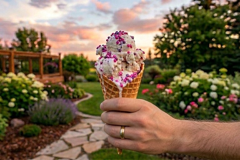 Man hang holding ice cream in a cottage garden