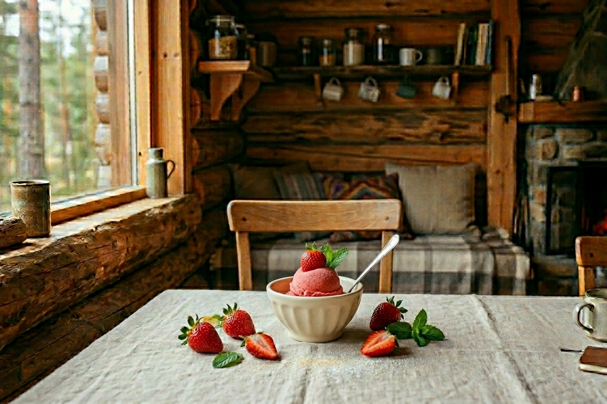 Strawberry ice cream on table 