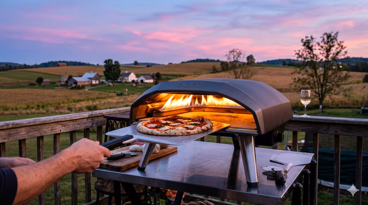 Pizza oven outside with pizza 