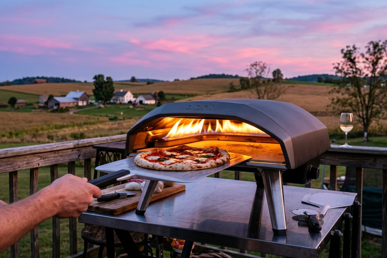 Pizza oven outside with pizza