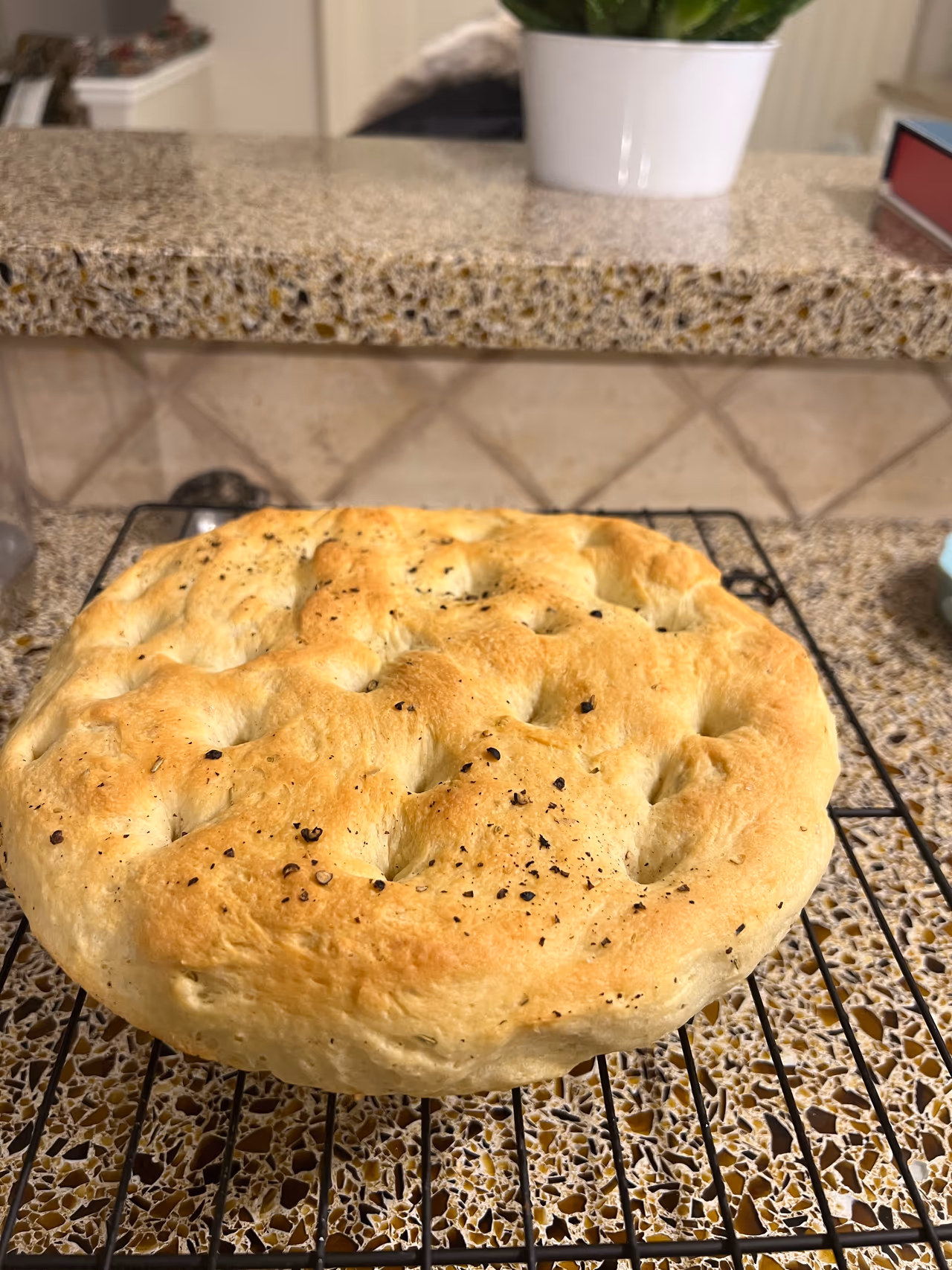 Focaccia on a cooling rack 