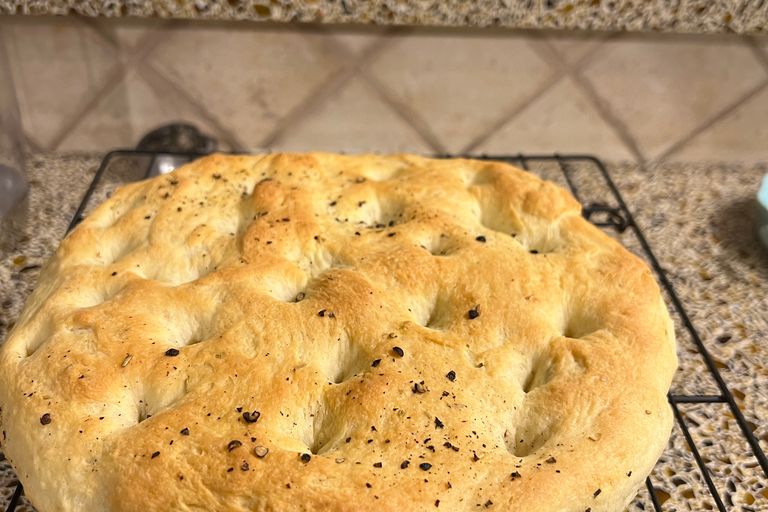 Focaccia on a cooling rack