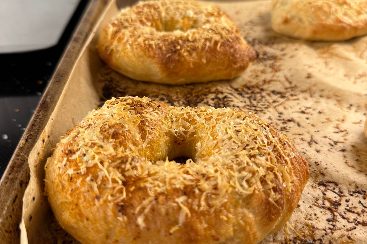 spiced baked bagels on a tray.