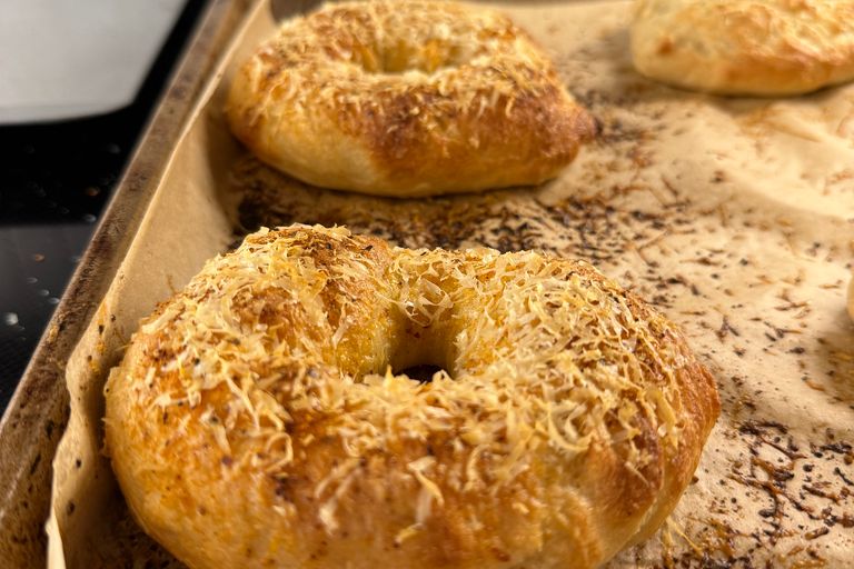 spiced baked bagels on a tray.