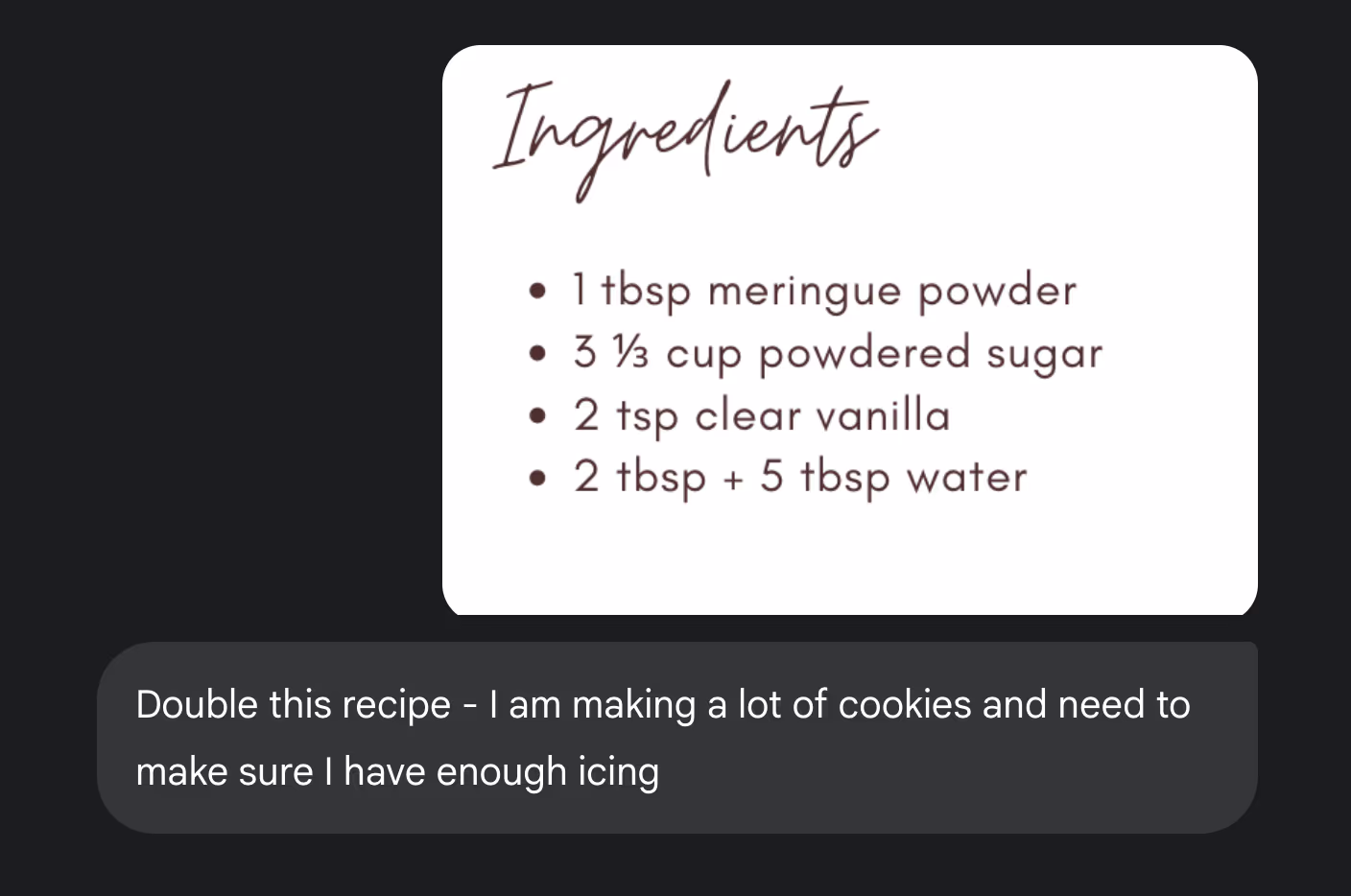 A prompt to Gemini asking for the recipe to be doubled.