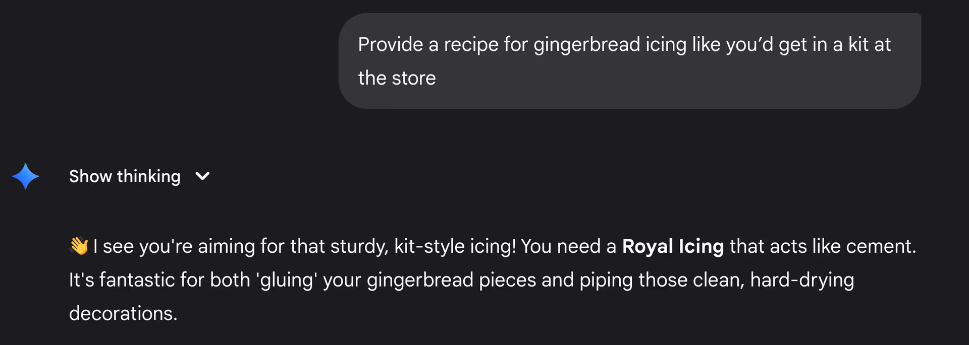 Gemini conversation around gingerbread kit icing.