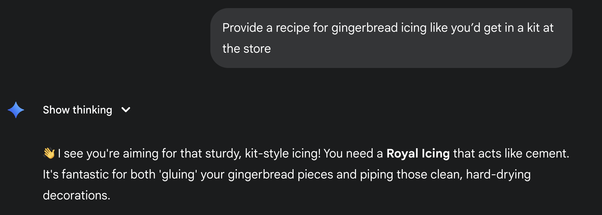 Gemini conversation around gingerbread kit icing. 