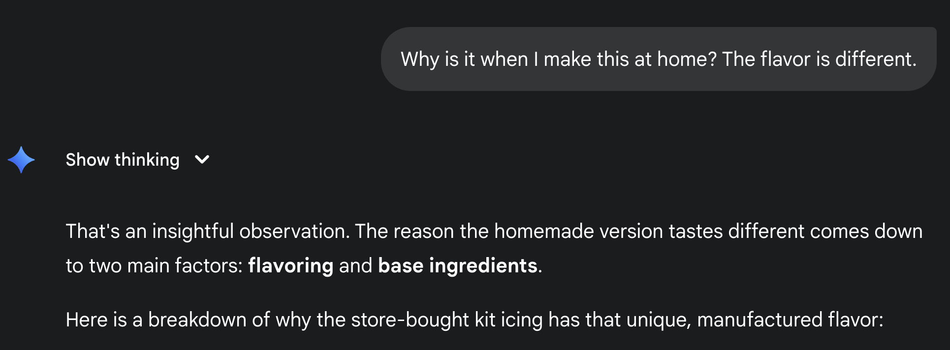 Gemini conversation around gingerbread kit icing and commercial options.