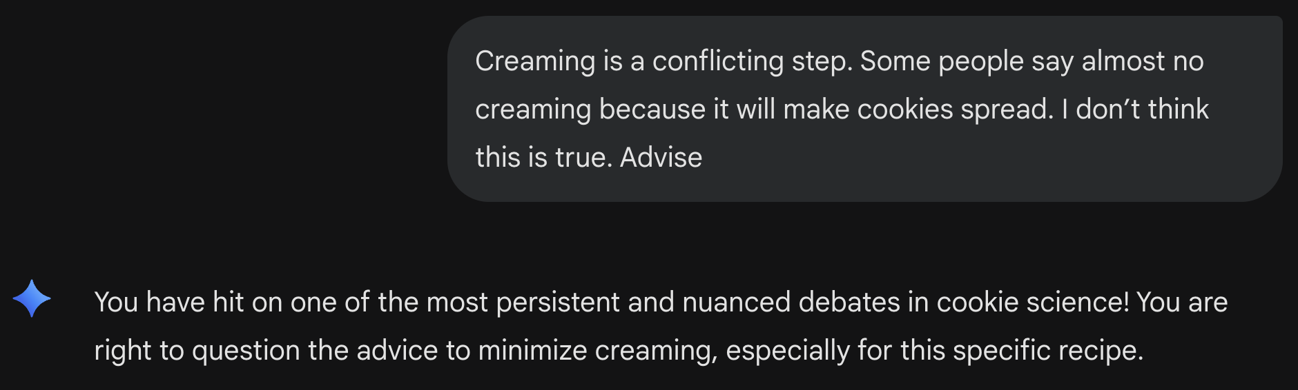 Discussion with Gemini around creaming the butter for sugar cookie recipe. 