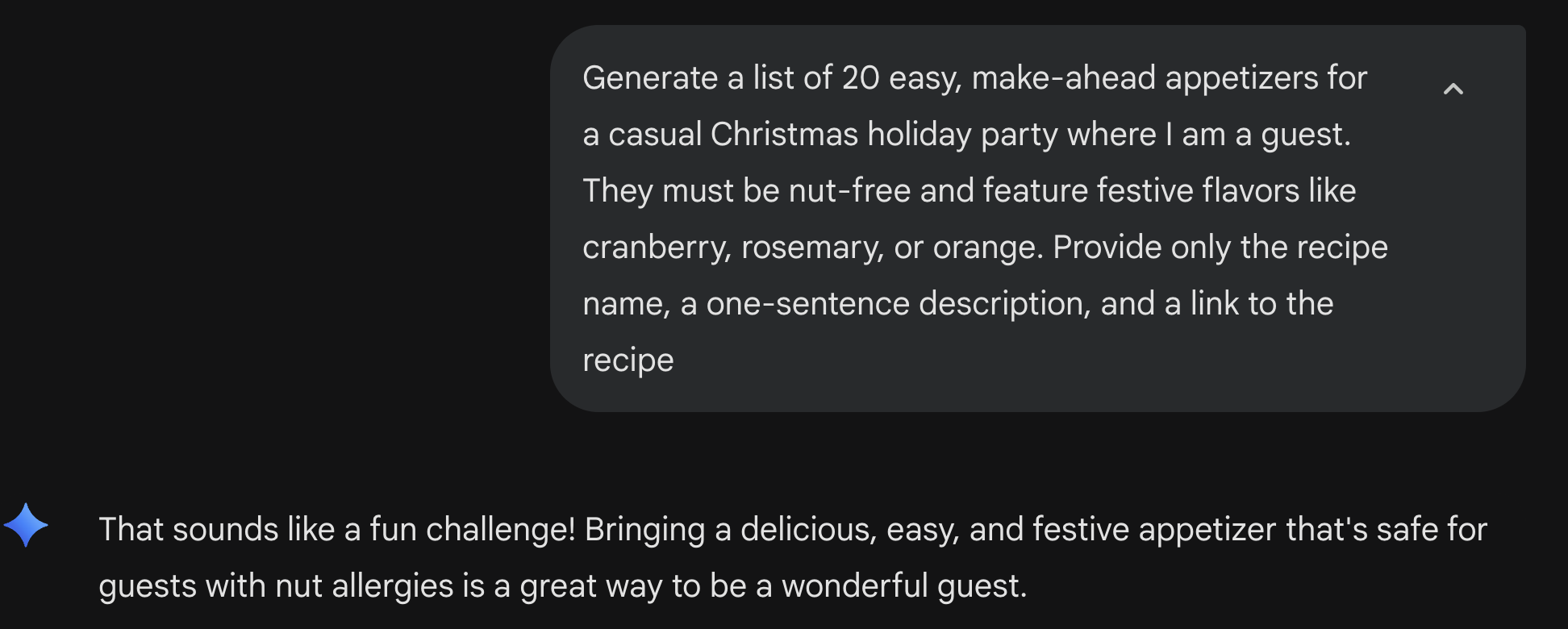 GenAI conversation about crafting a list of 20 holiday recipes. 