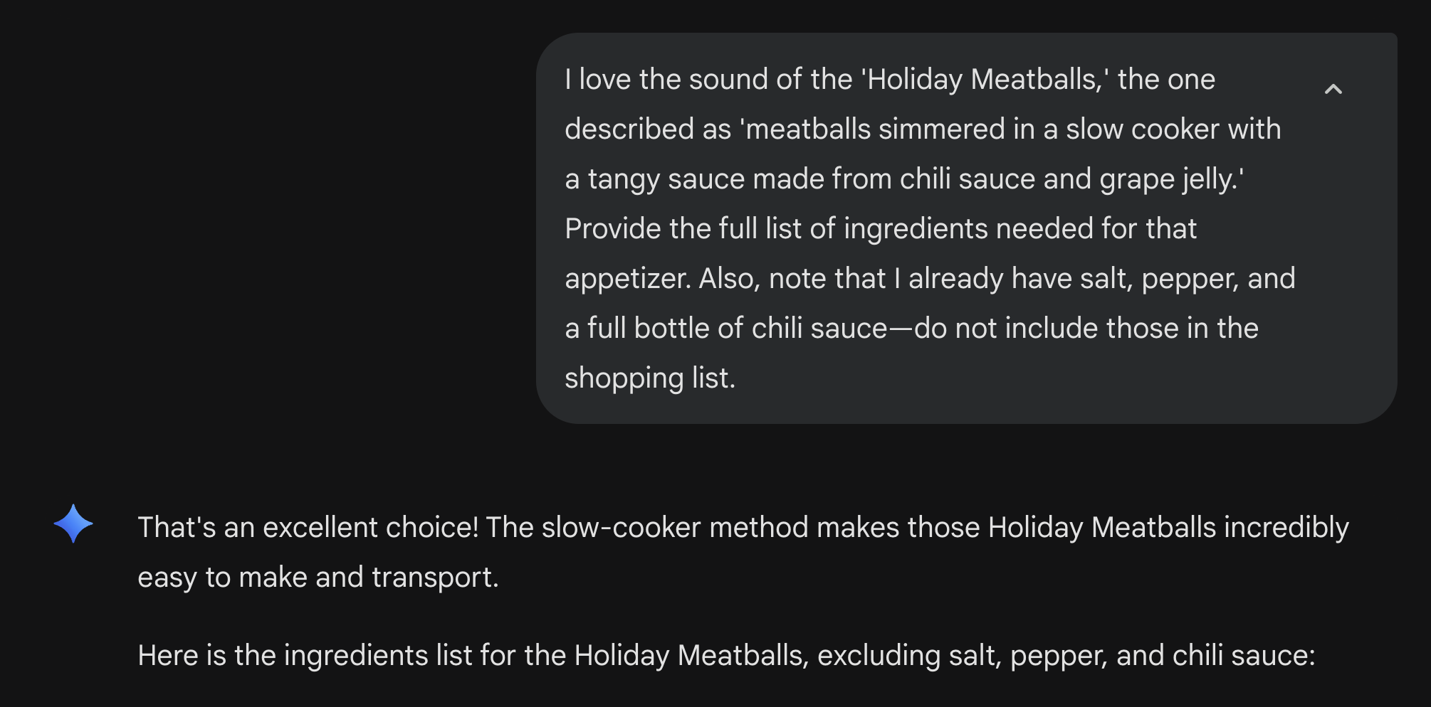 GenAI conversation where asking for ingredients for the holiday meatballs. 
