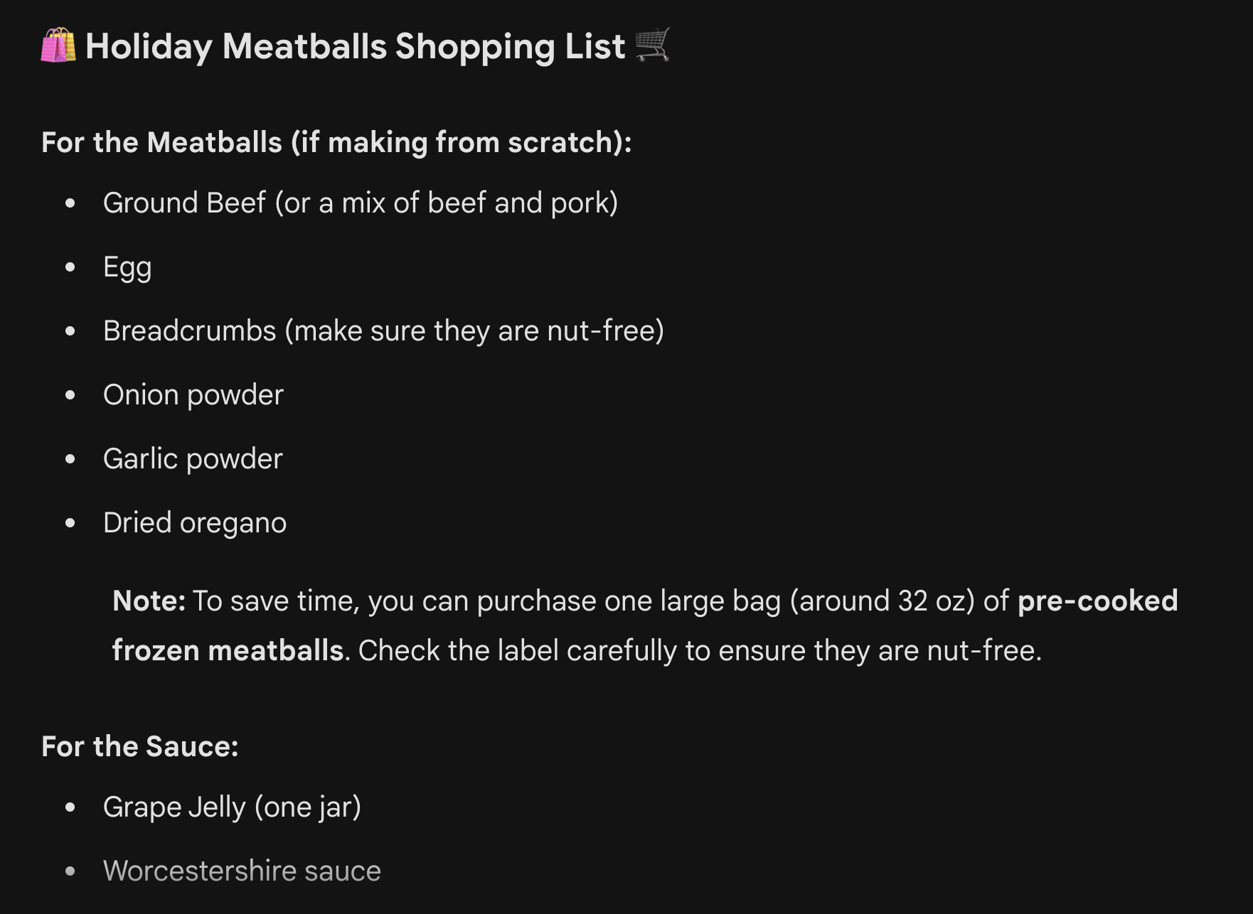 Gemini outlining the ingredients needed for Holiday Meatballs.