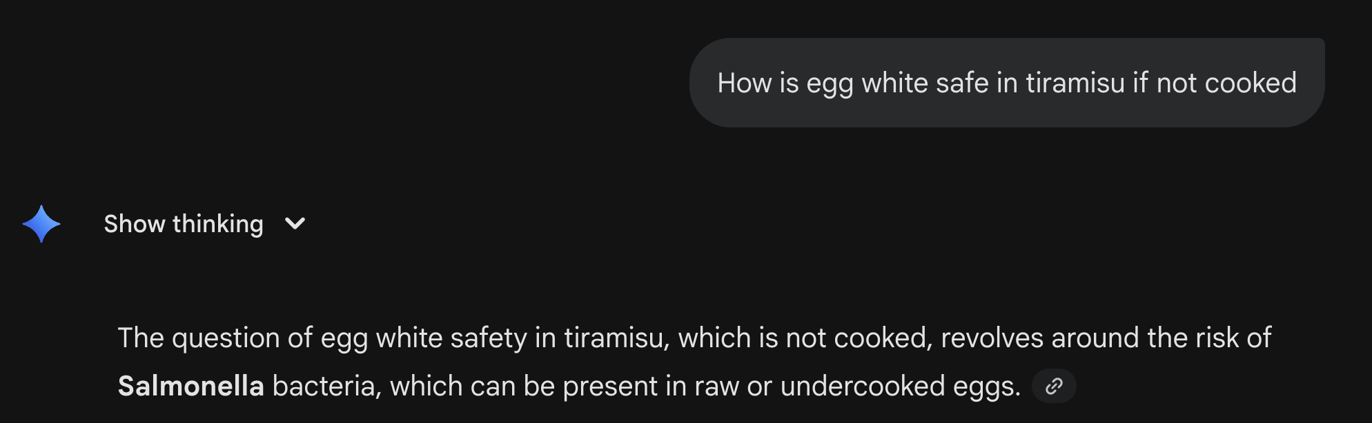 Conversation with Gemini to assess how egg whites are safe or not.