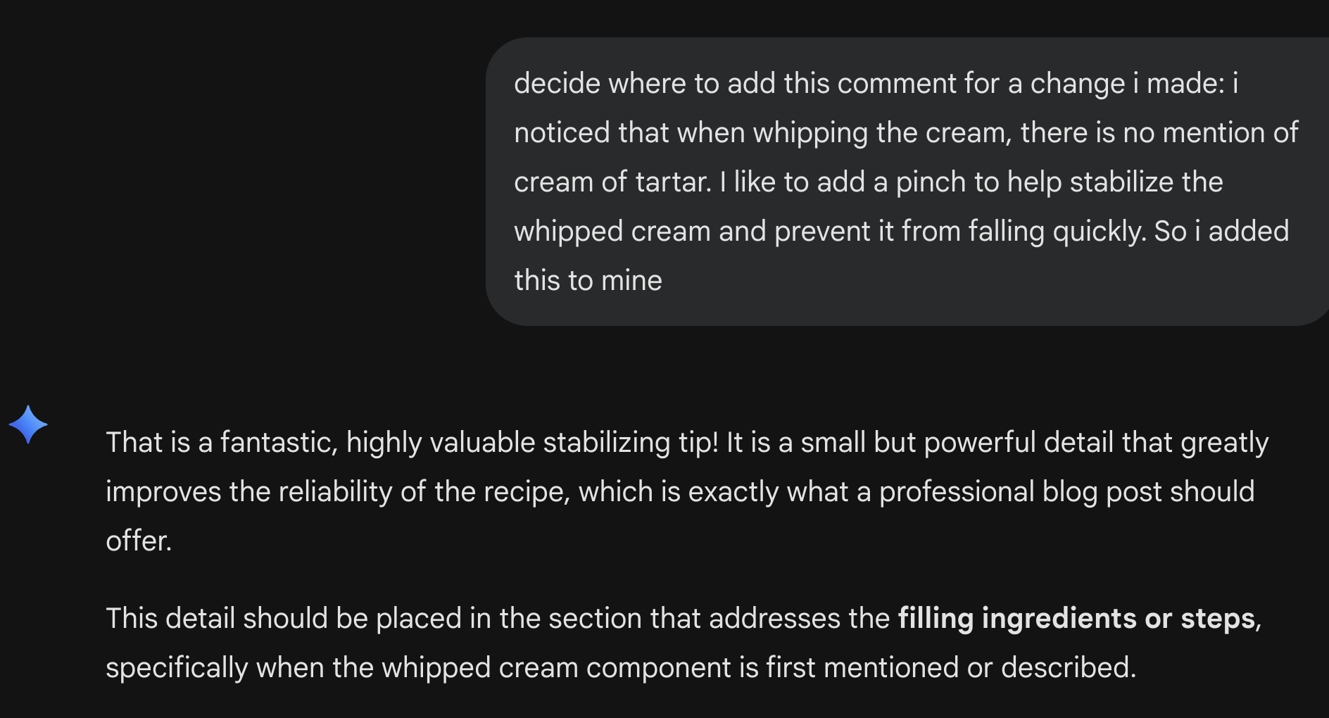 Conversation with Gemini to add in Cream of Tartar.
